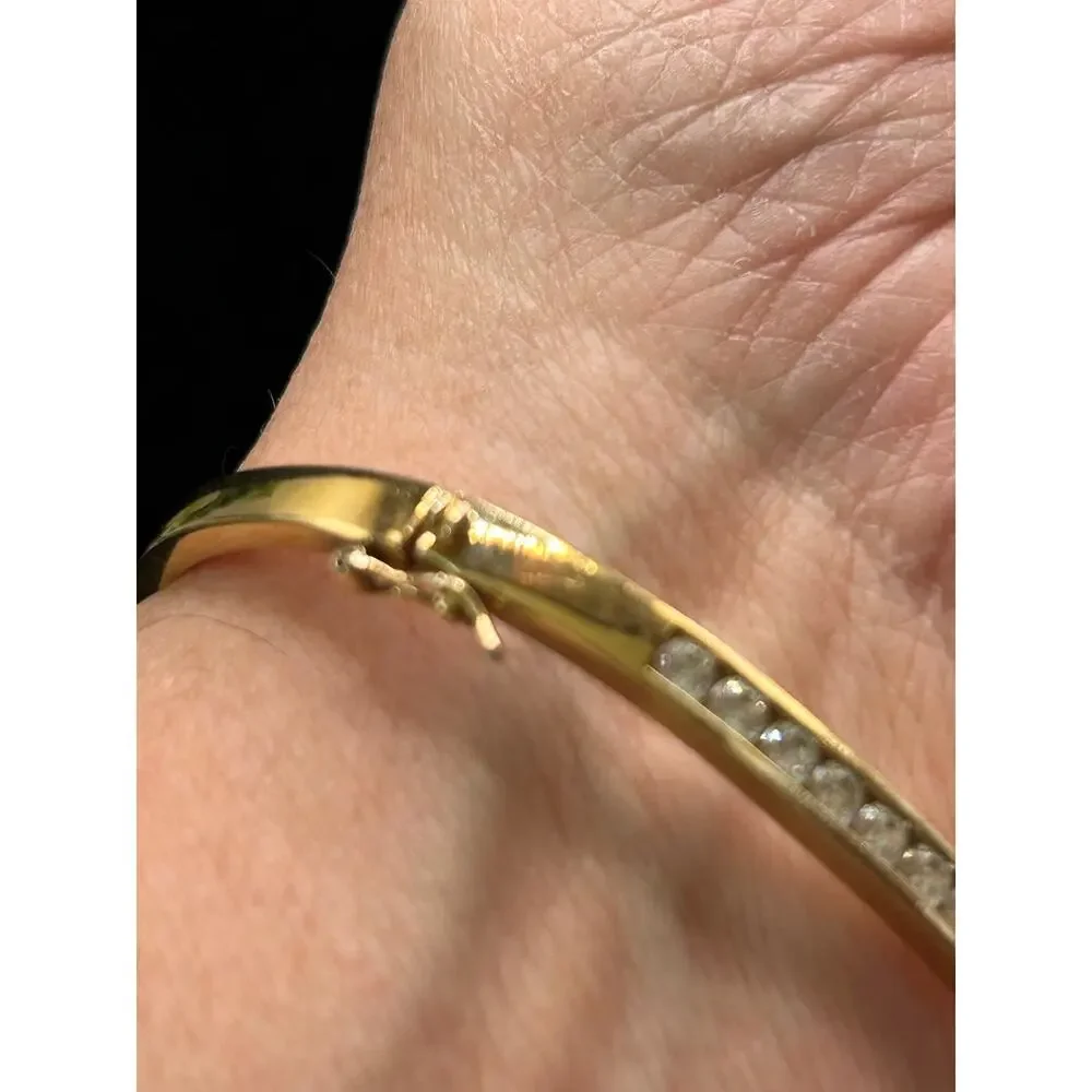 Gold Plated CZ Set Channel Bangle Bracelet 925 Sterling Hinged